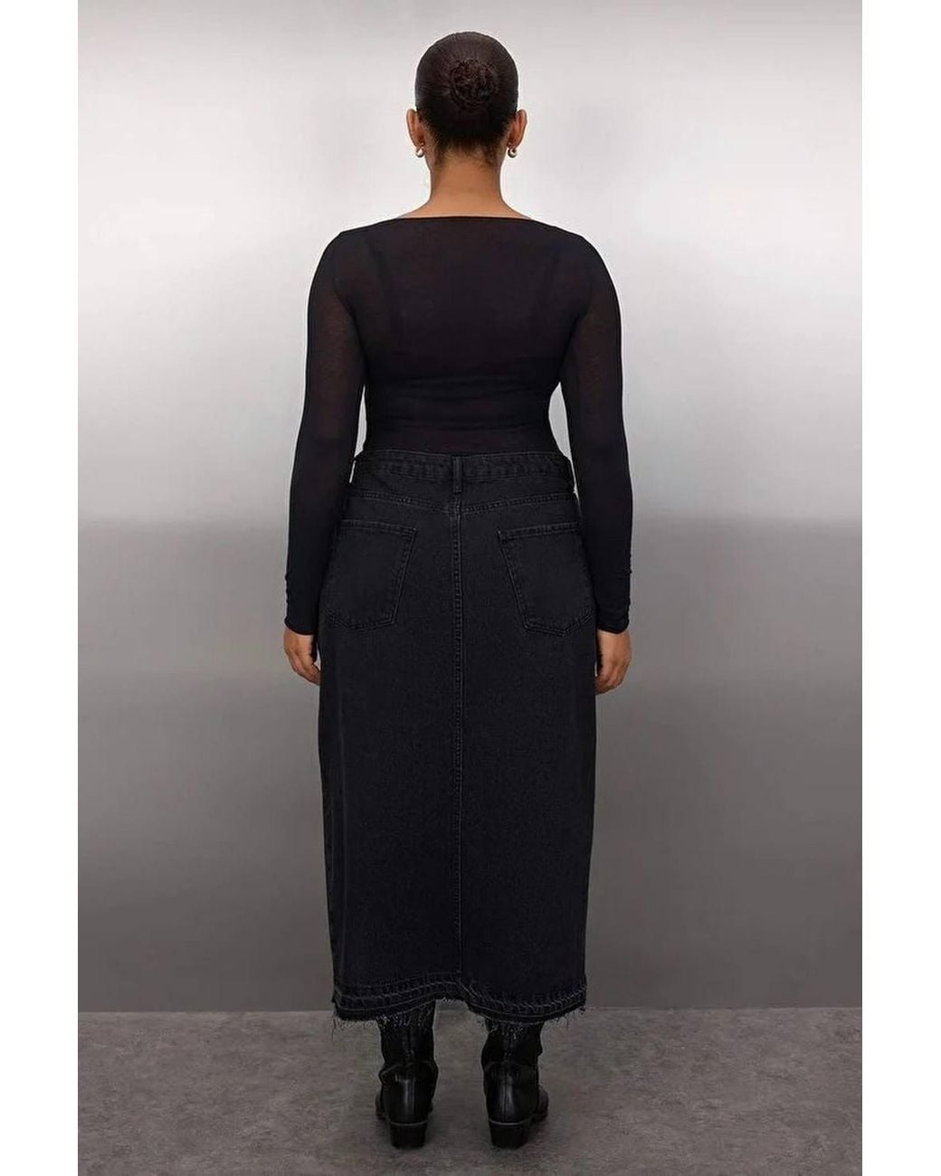 WOVCOR Black High Waist Denim Midi Skirt W/ Front Slit & Slim Fit