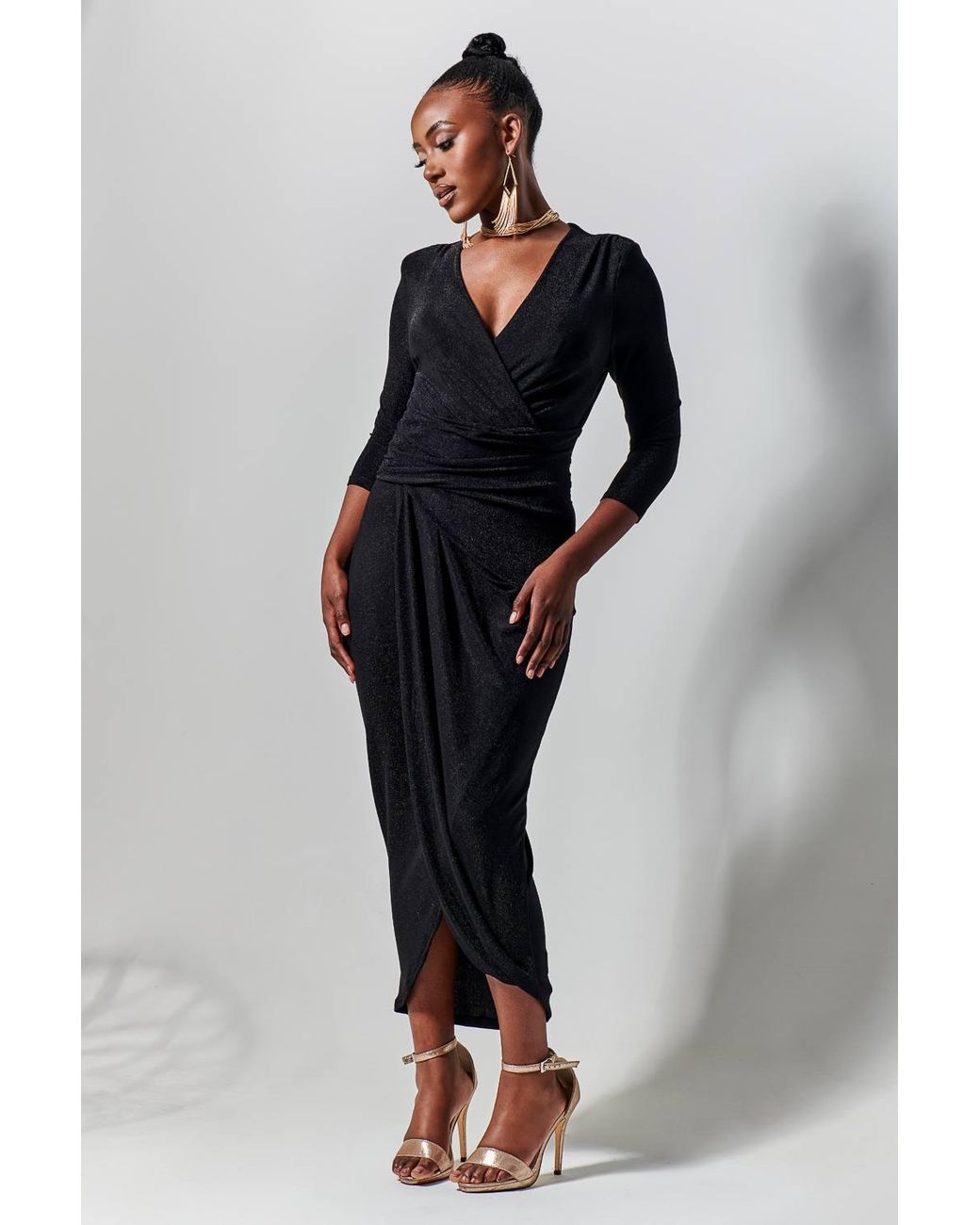Jolie Moi Black Wrap Sparkly Maxi Bodycon Dress