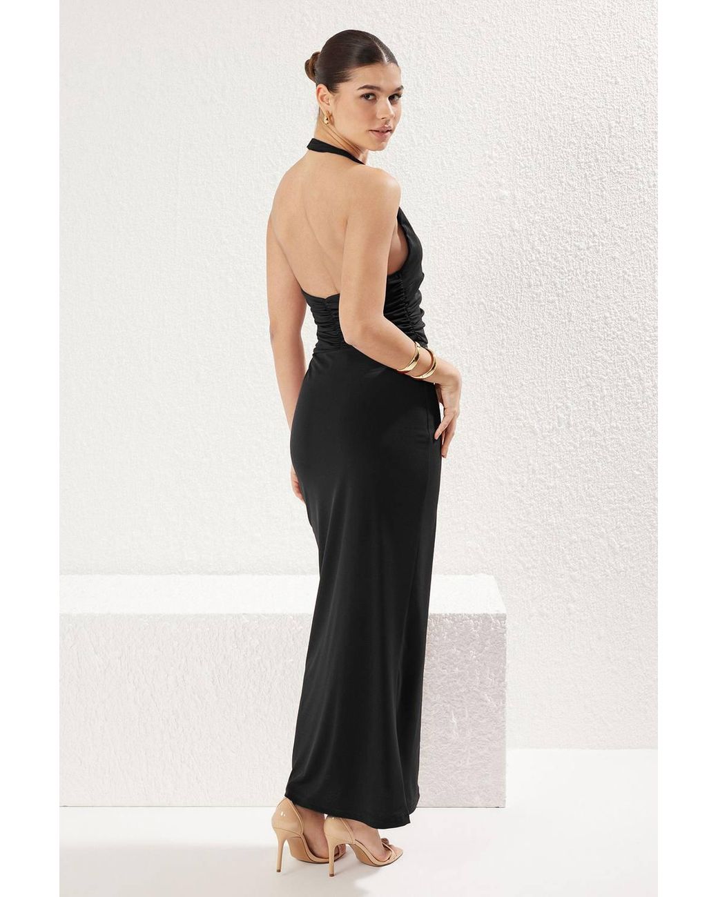 WOVCOR Black V Neck Drape Detail Bodycon Maxi Dress