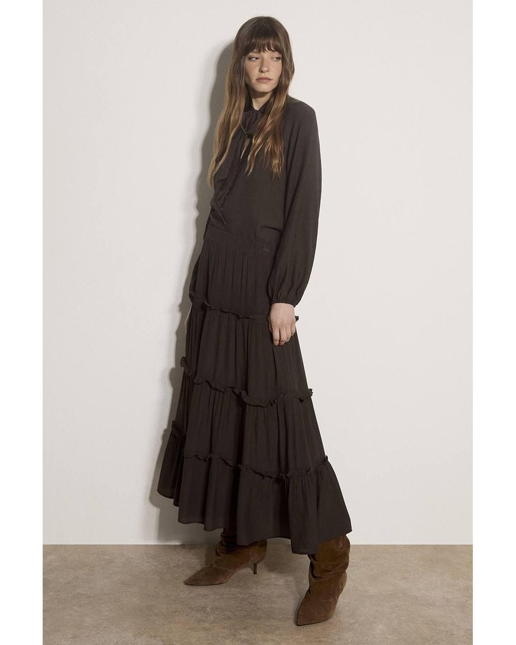 Apricot Brown Ruffle Tiered Maxi Skirt
