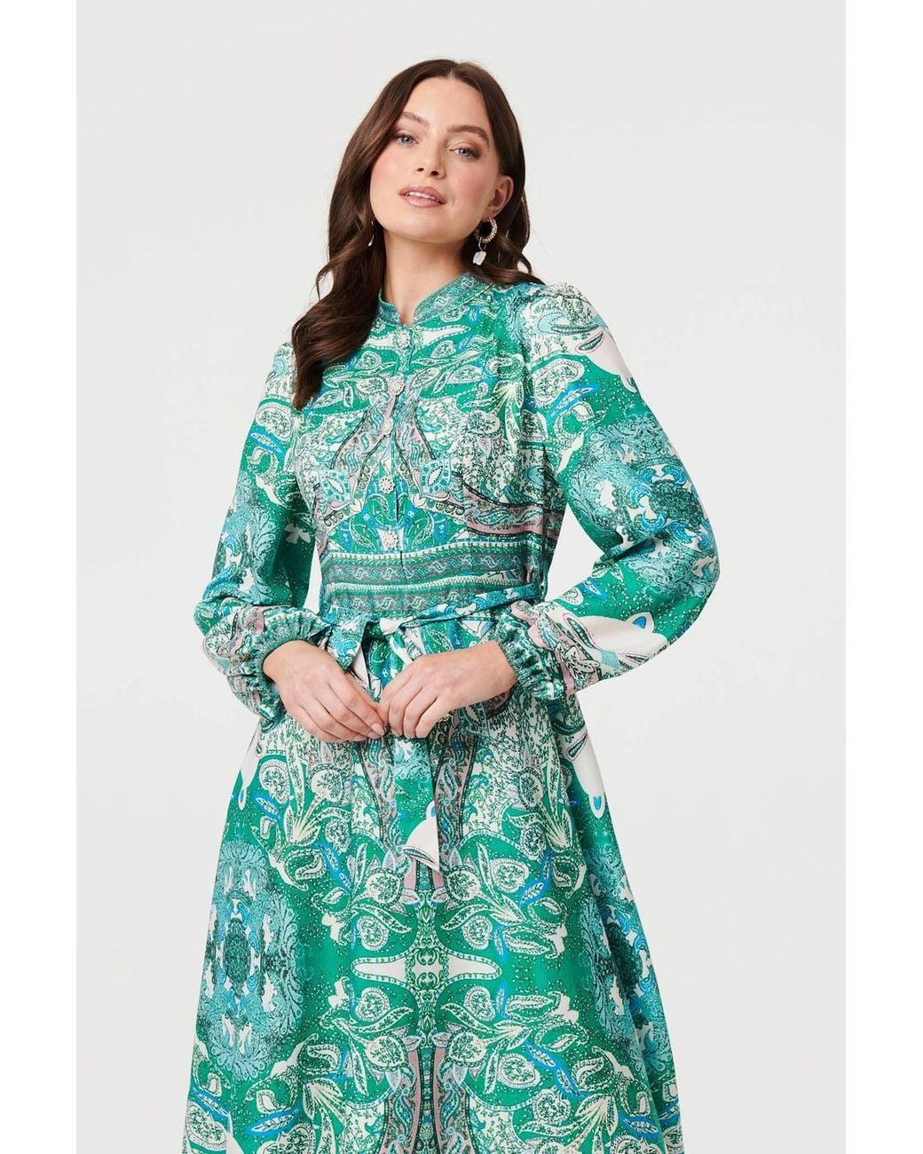 Izabel London Green Printed Long Sleeve Tie Midi Dress