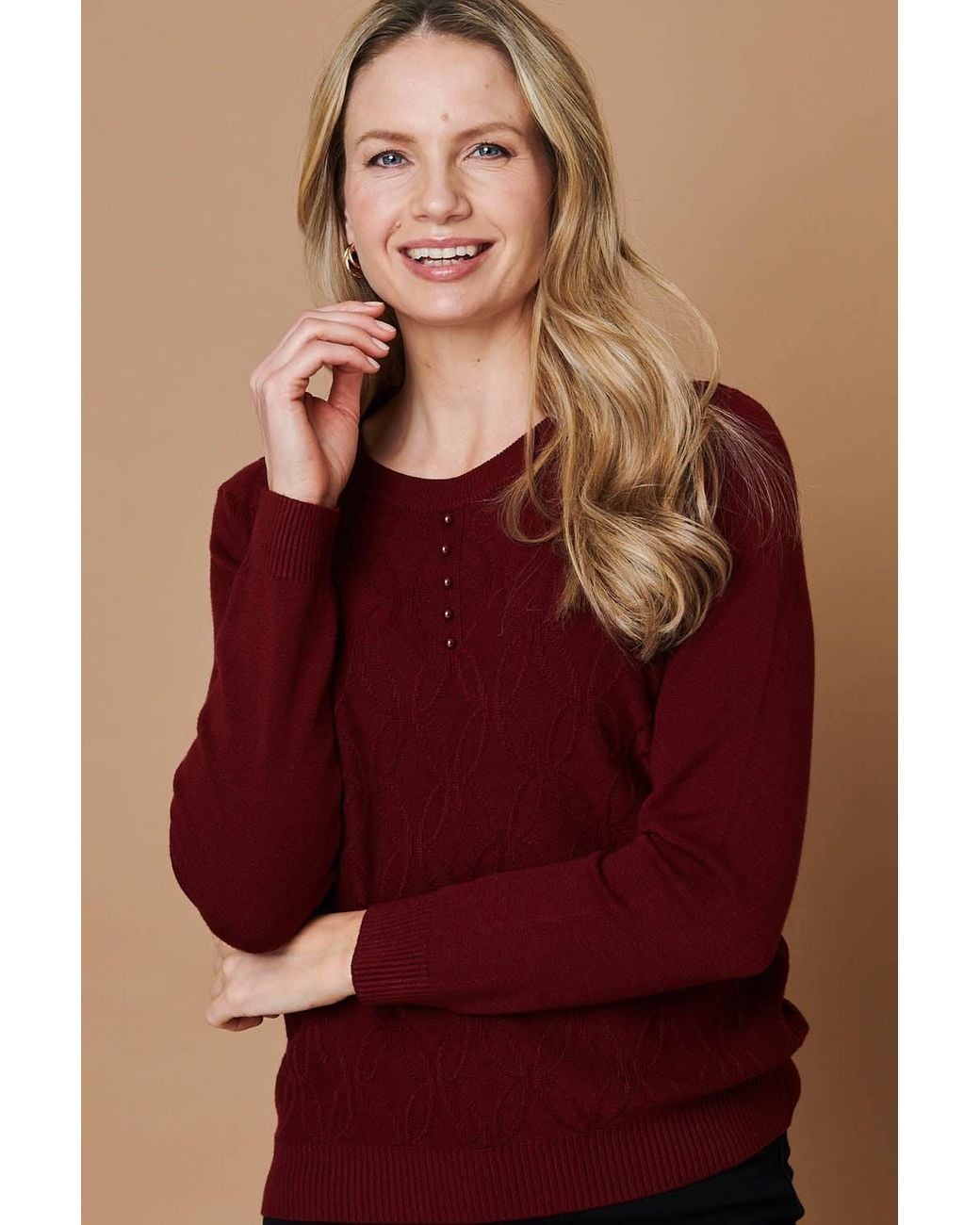 Izabel London Pearl Detail Textured Long Sleeve Top