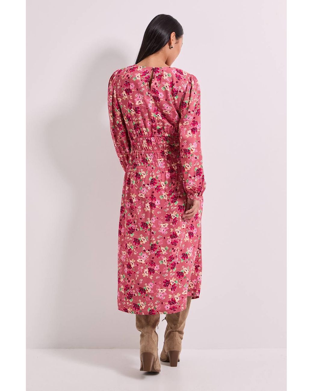 Dorothy Perkins Pink Petite Shirred Dropped Waist Detail Printed Midi Dress