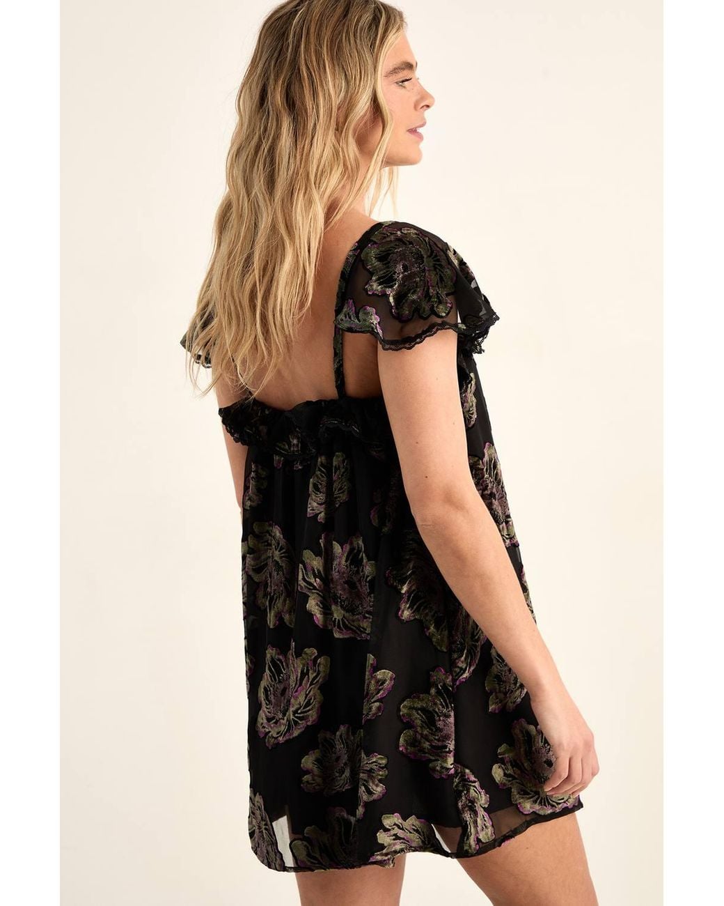 Nasty Gal Brown Devore Floral Cap Sleeve Lace Trim Floaty Mini Dress