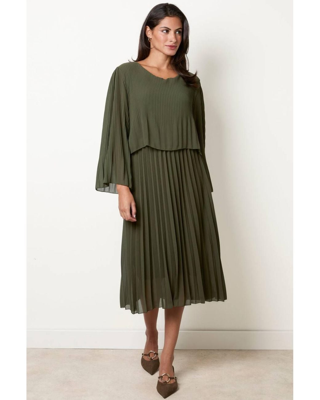Blue Vanilla Green Elasticated Waist Long Sleeve Round Neck Midi Dress