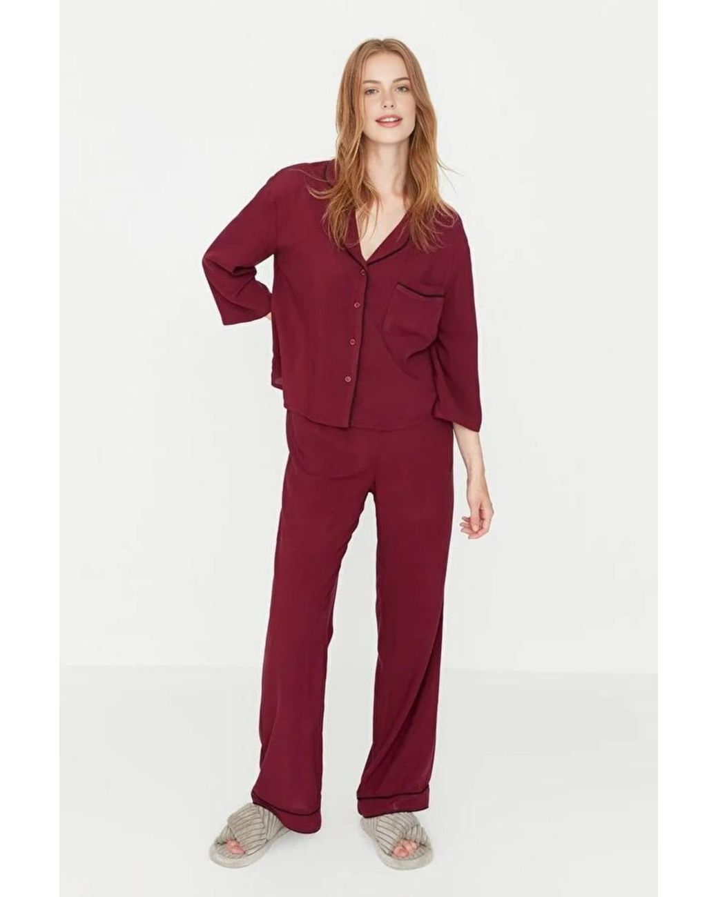 WOVCOR Red Viscose Woven Sleepwear 2-Piece Pajama Set