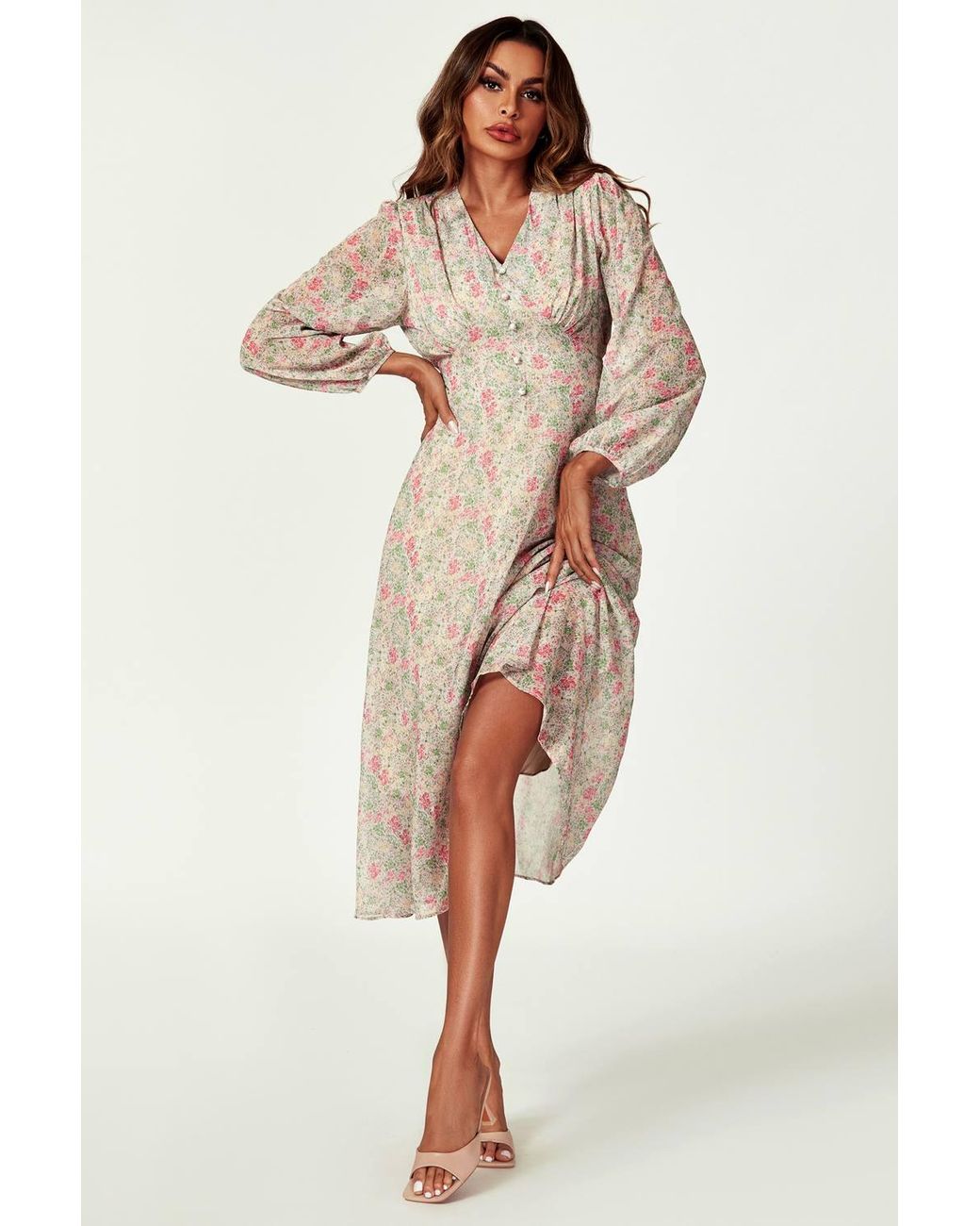 FS Collection Multicolor Floral Print Long Sleeve Midi Dress
