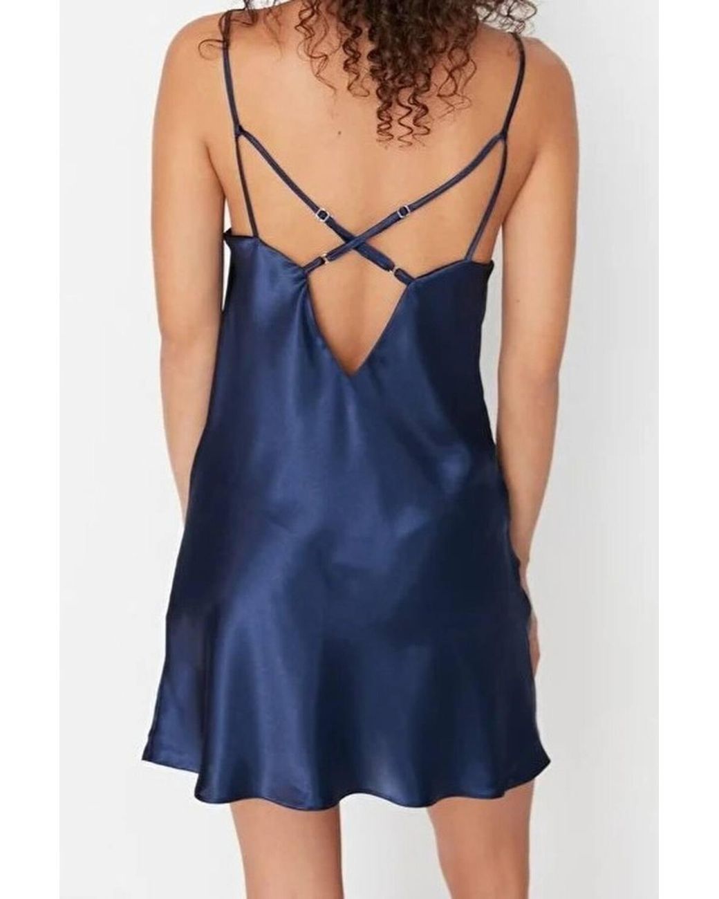 WOVCOR Blue Cowl Neck Back Detail Satin Strappy Mini Nightdress