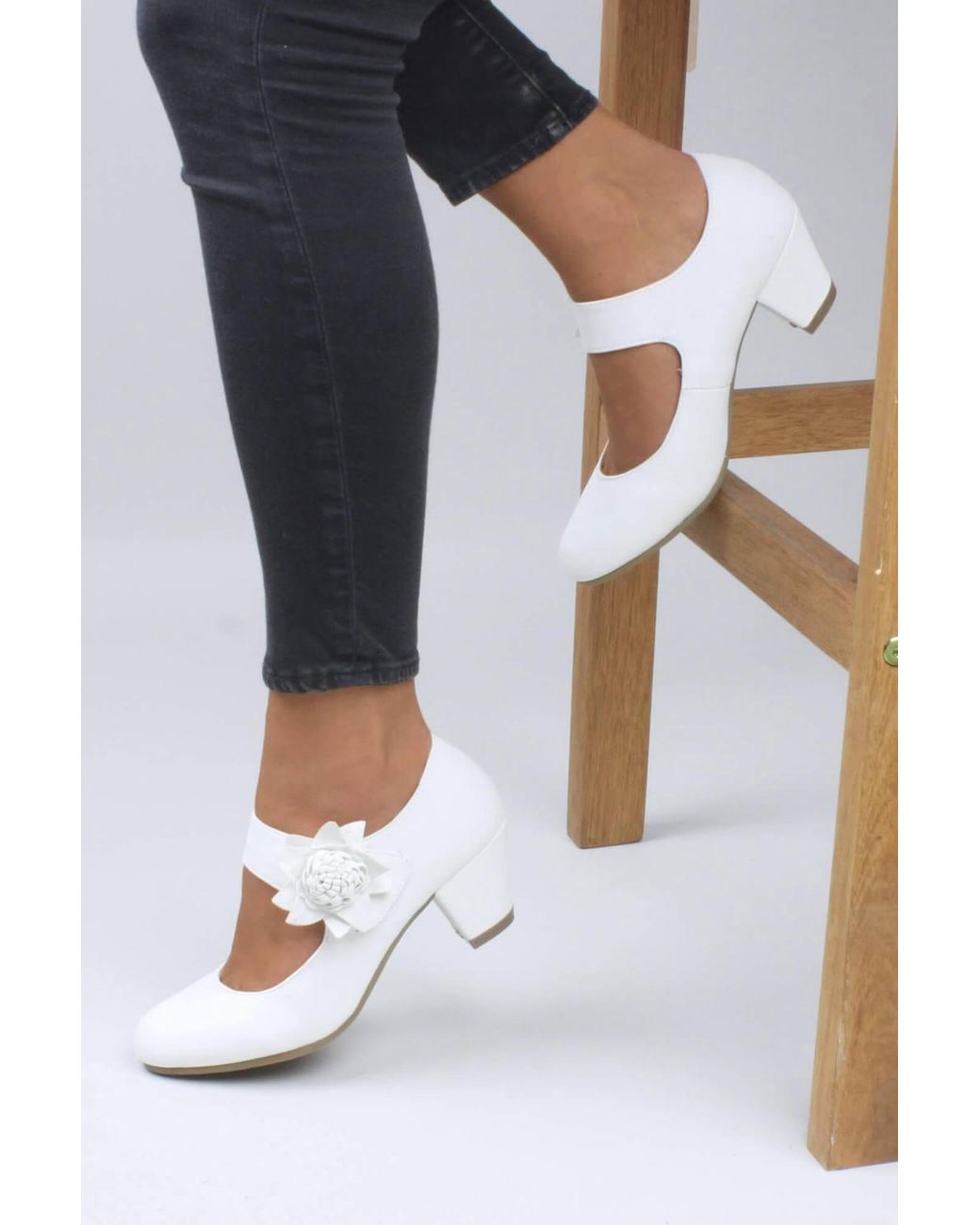 AJVANI White Mid Block Heel Mary Jane Comfort Court Shoes