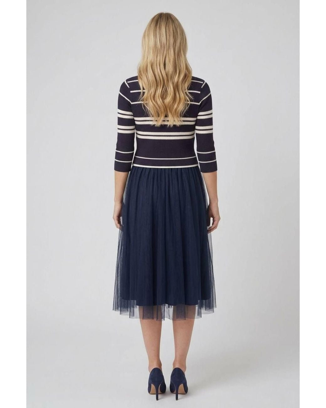 Izabel London Blue Striped Knit Mesh Texture Midi Dress