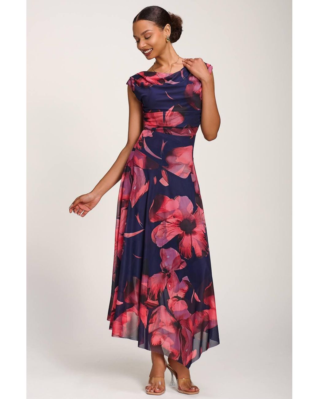 Jolie Moi Red Asymmetrical Draped Mesh Maxi Dress