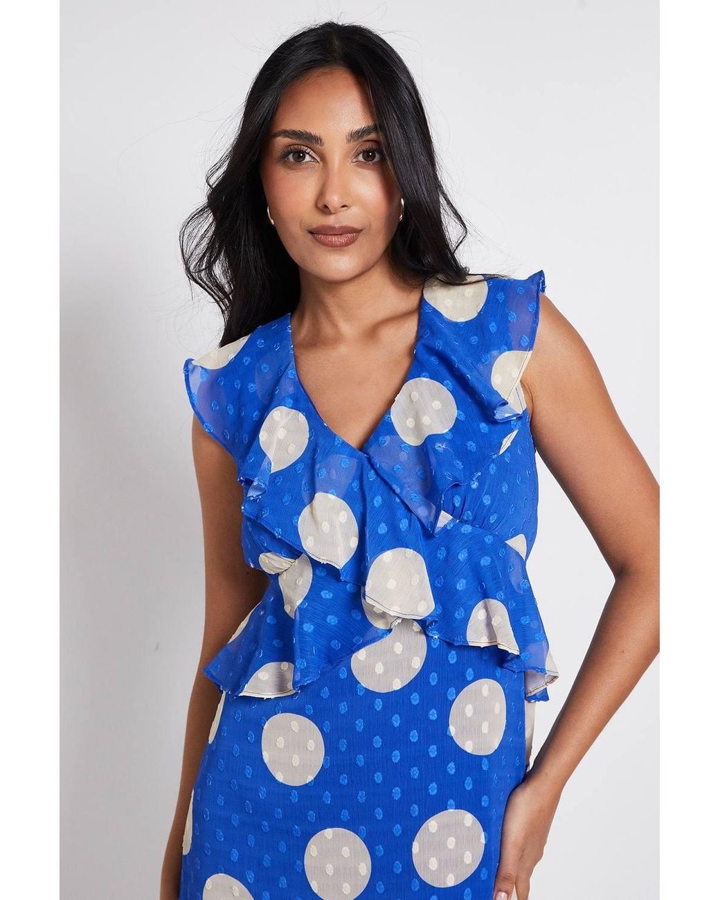 Wallis Blue Petite Polka Dot Dobby Ruffle Midi Dress