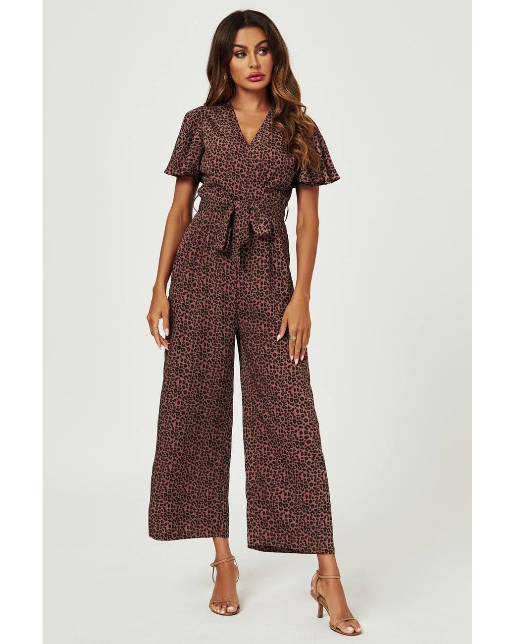 FS Collection Brown Leopard Print Wrap Top Jumpsuit