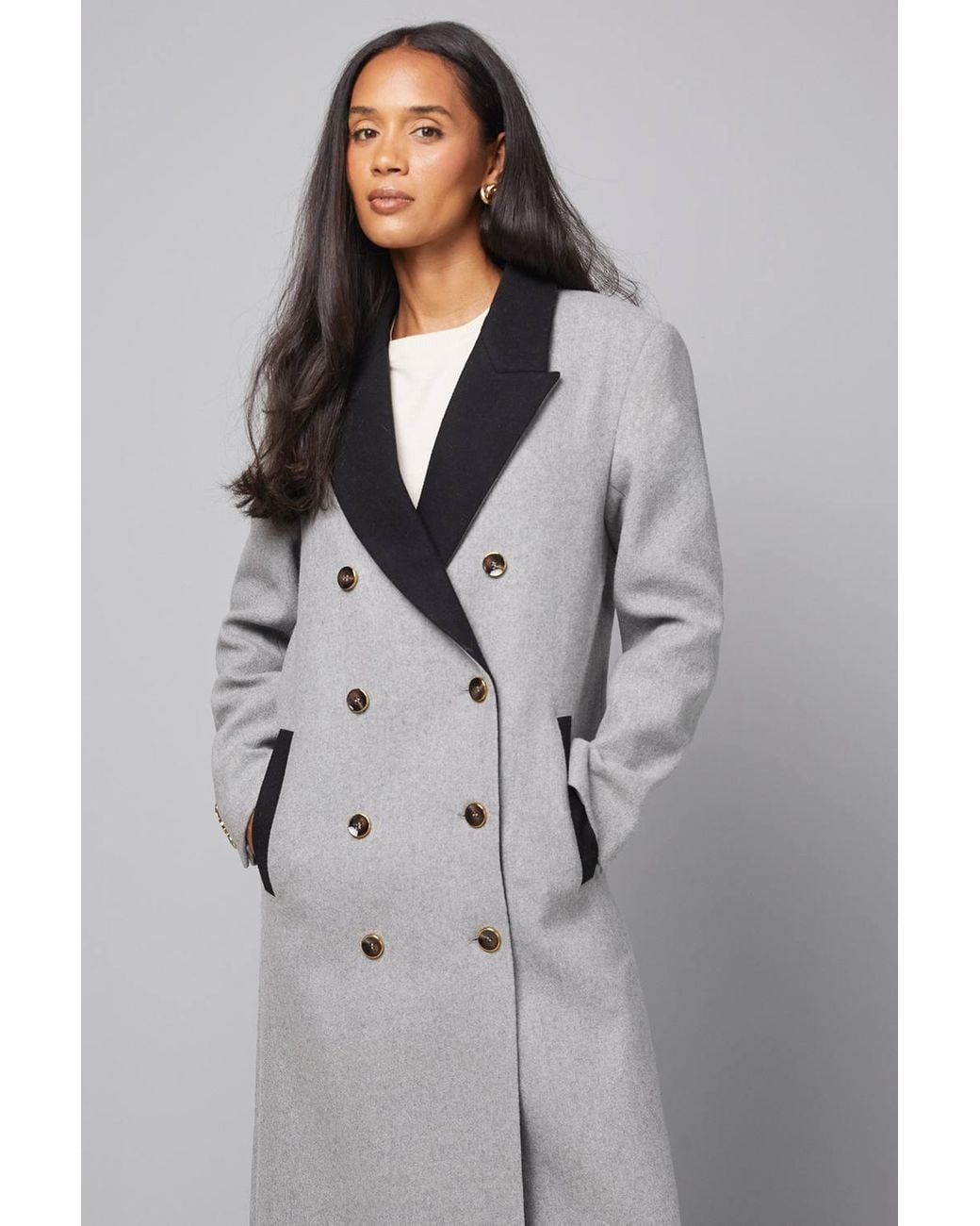 Wallis Gray Contrast Collar & Pocket Detail Coat