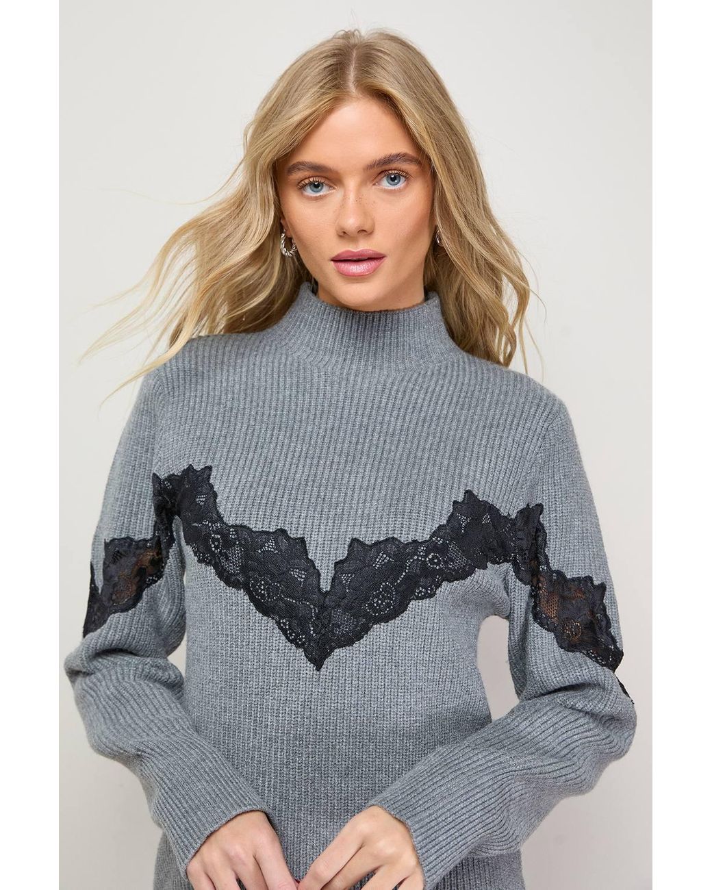 Oasis Gray Contrast Lace Stitch High Neck Knitted Mini Dress