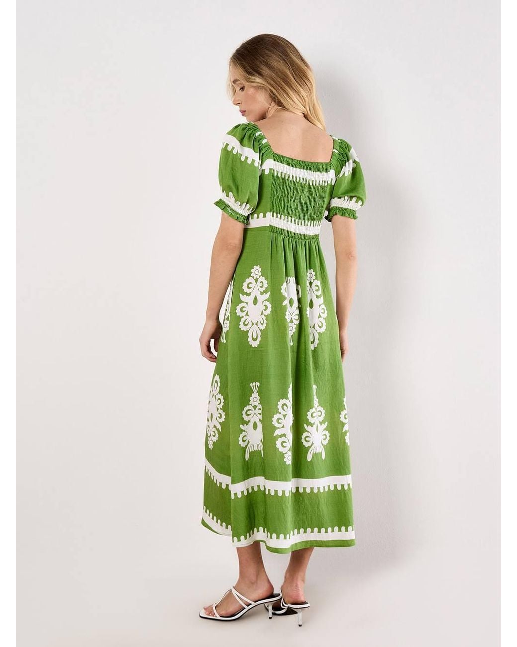 Apricot Green Folk Floral Print Midi Dress