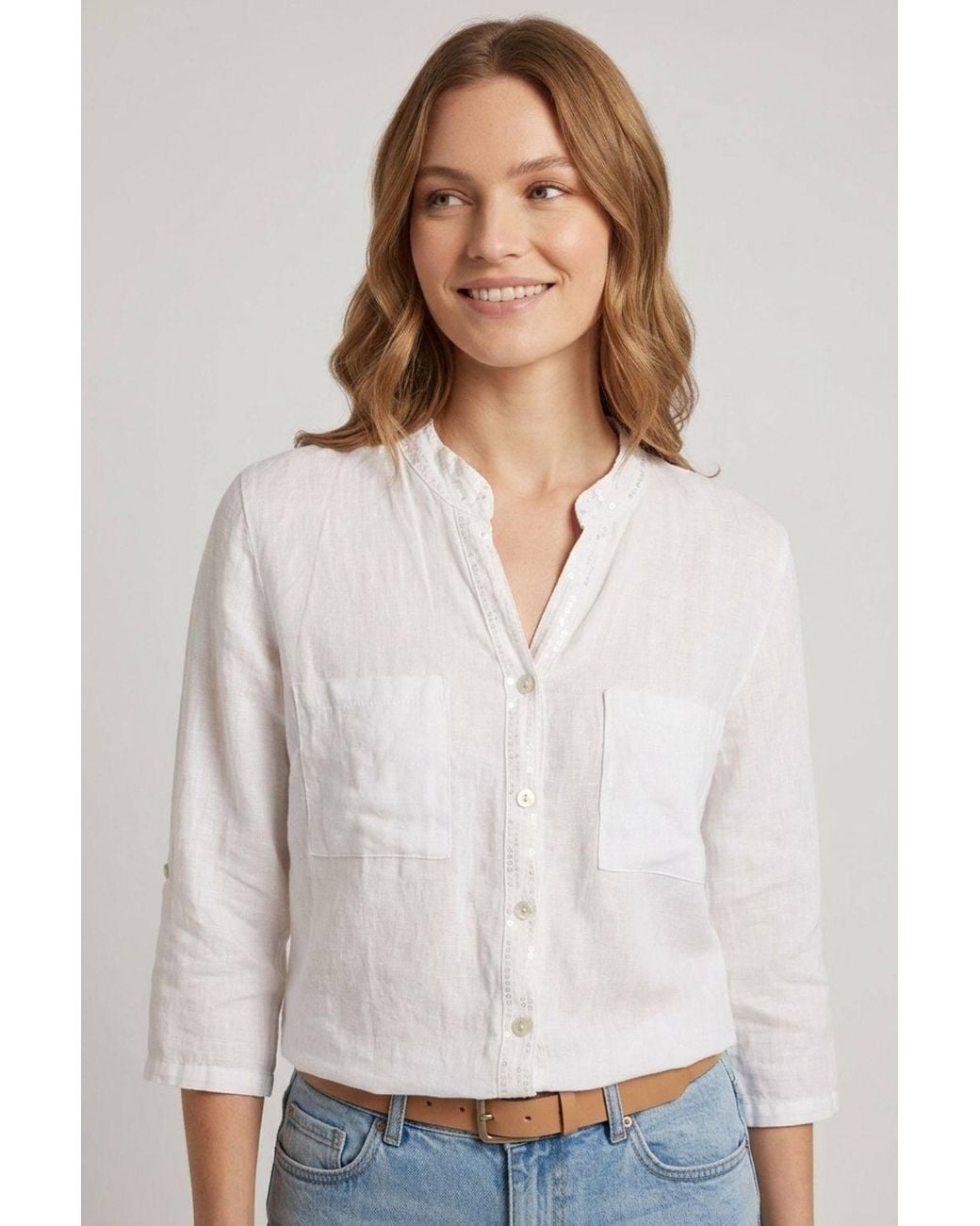 Izabel London Blue Sequin Trim 3/4 Sleeve Relaxed Shirt