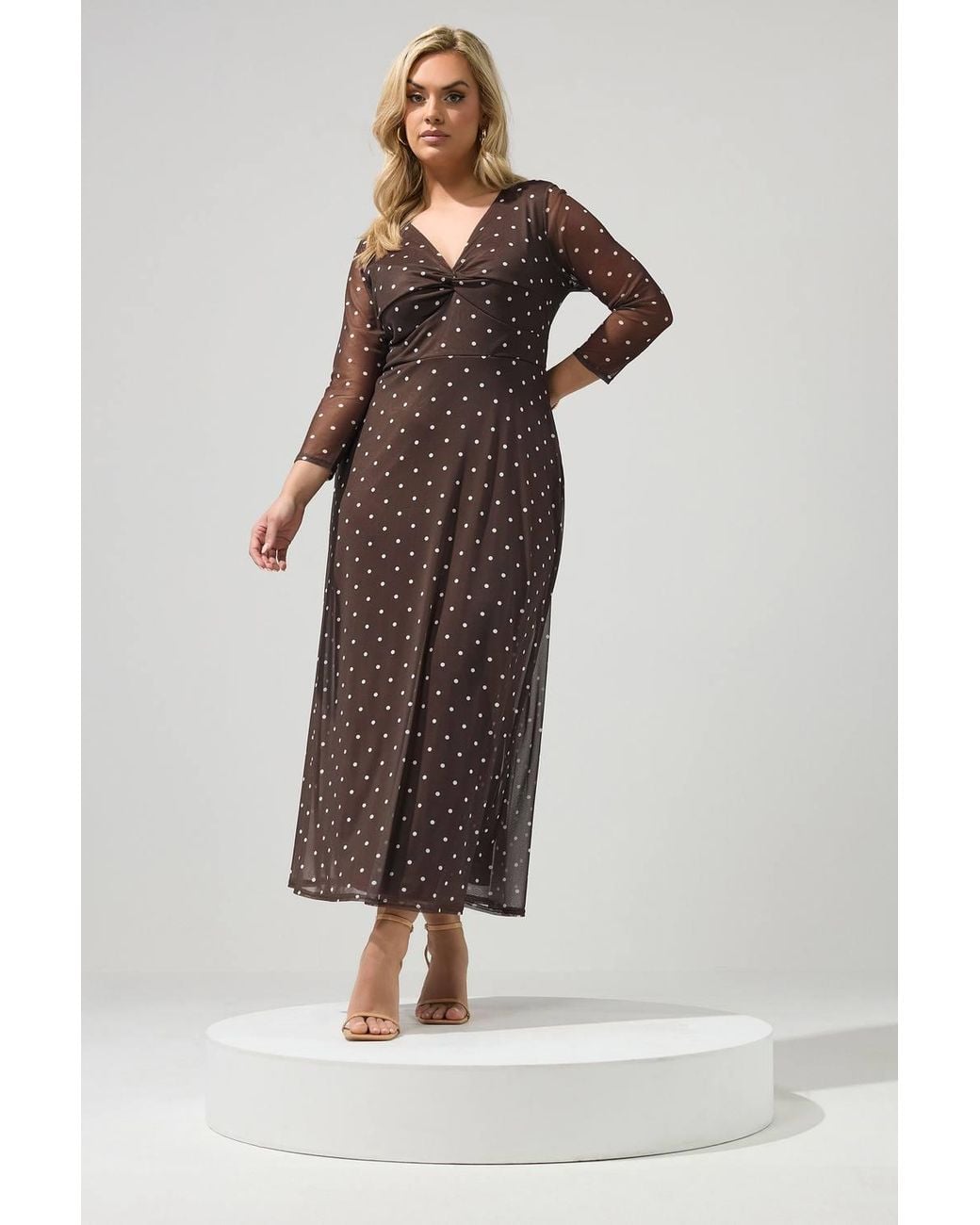 Yours Brown Polka Dot Knot Front Dress
