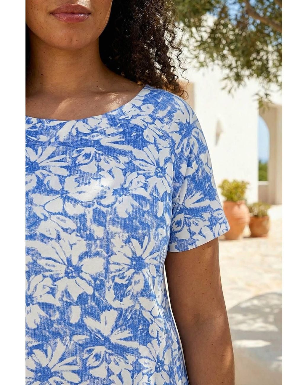 Roman Blue Curve Bardot Floral Stretch Top