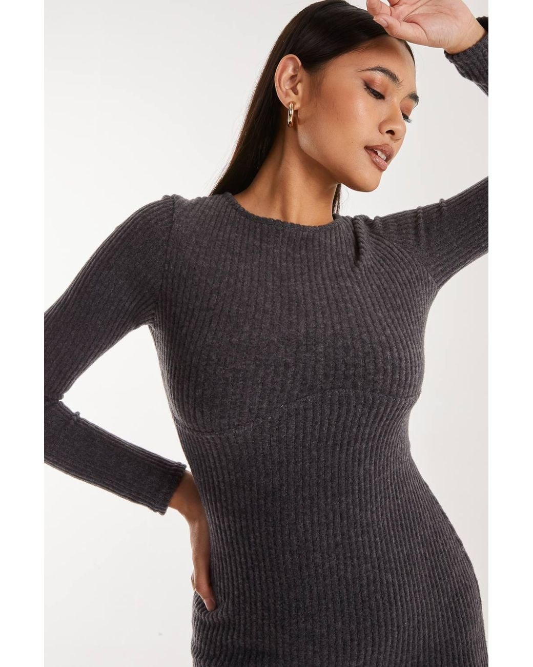Pink Vanilla Black Soft Brushed Rib Long Sleeve Midi Dress