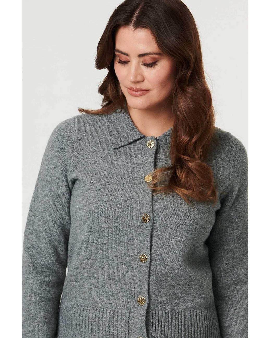 Izabel London Gray Textured Button Front Collared Cardigan