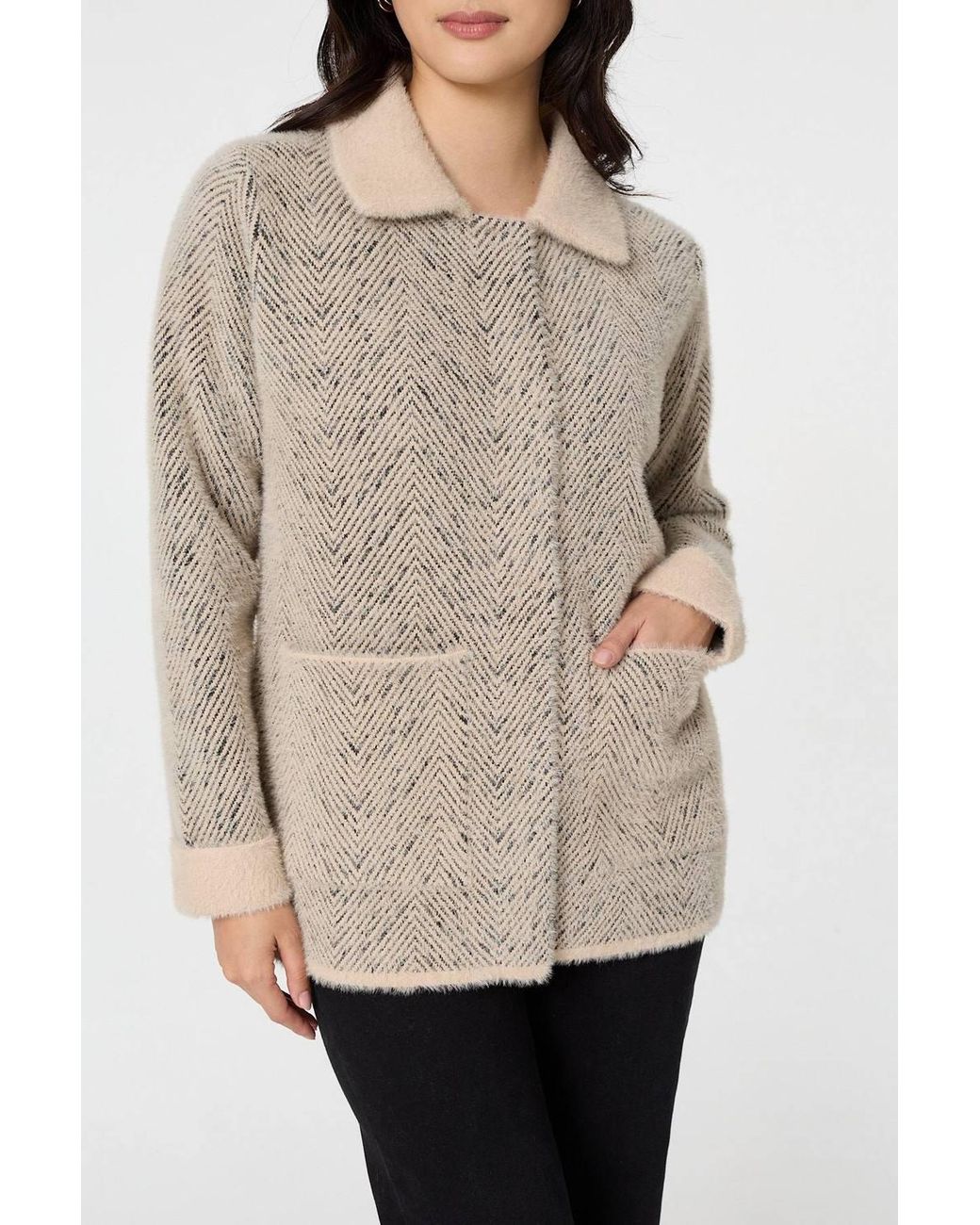 Izabel London Natural Chevron Texture Faux Fur Boxy Jacket