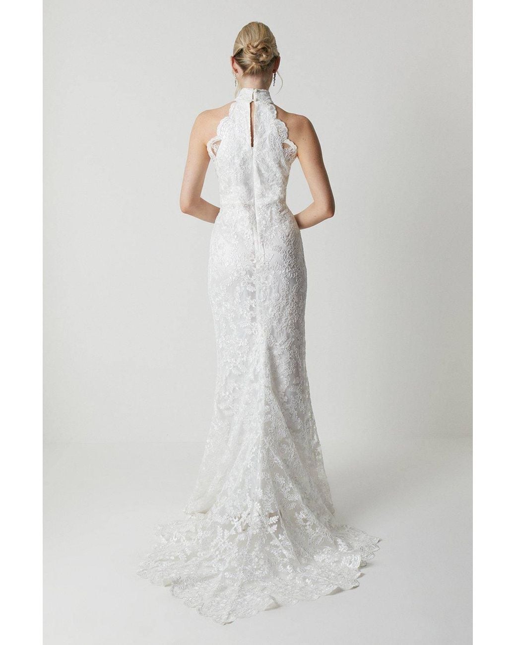 Coast White High Neck Embroidered Mesh Wedding Dress With Train