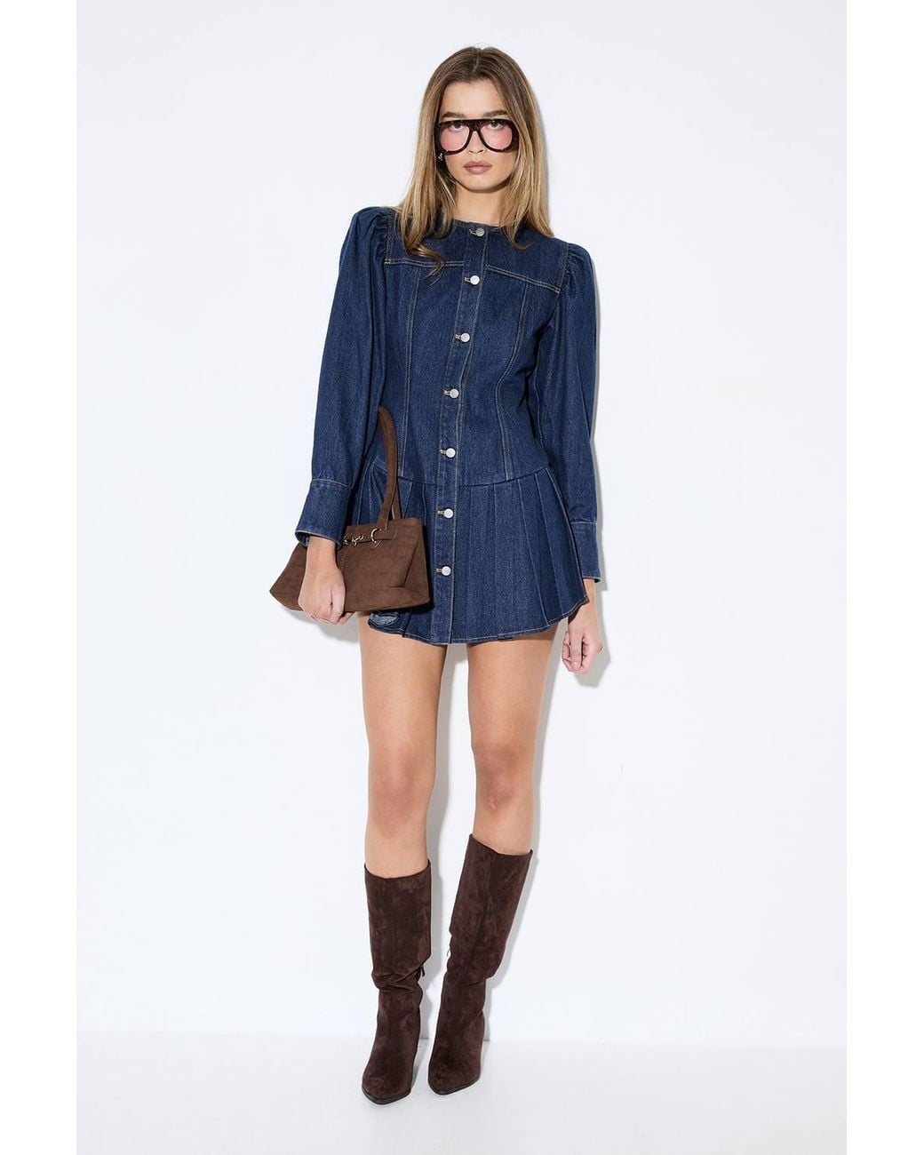 MissPap Blue Premium Denim Pleat Hem Balloon Sleeve Dress
