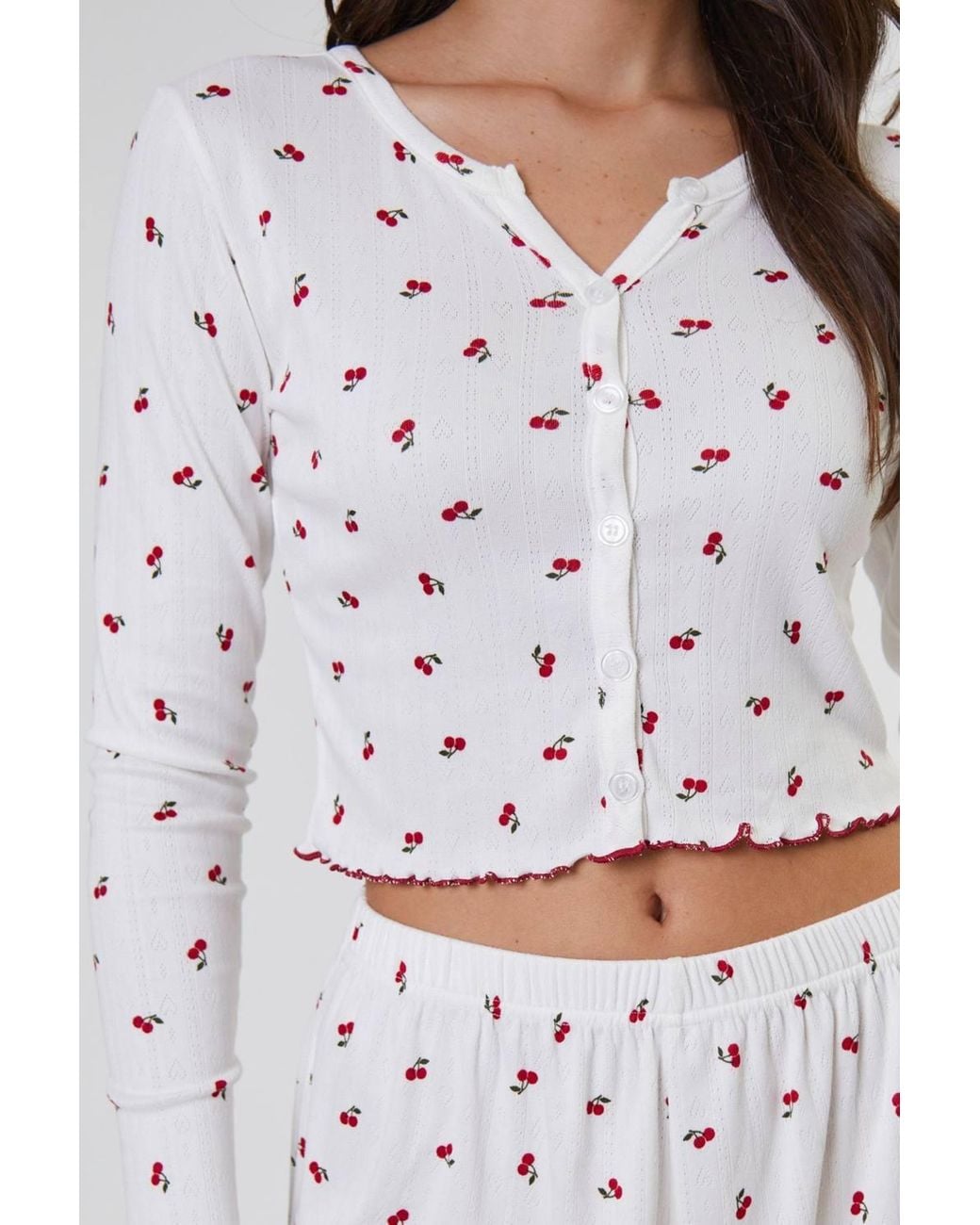 Loungeable White Cherry Printed Ribbed Jersey Long Sleeve & Trouser Set