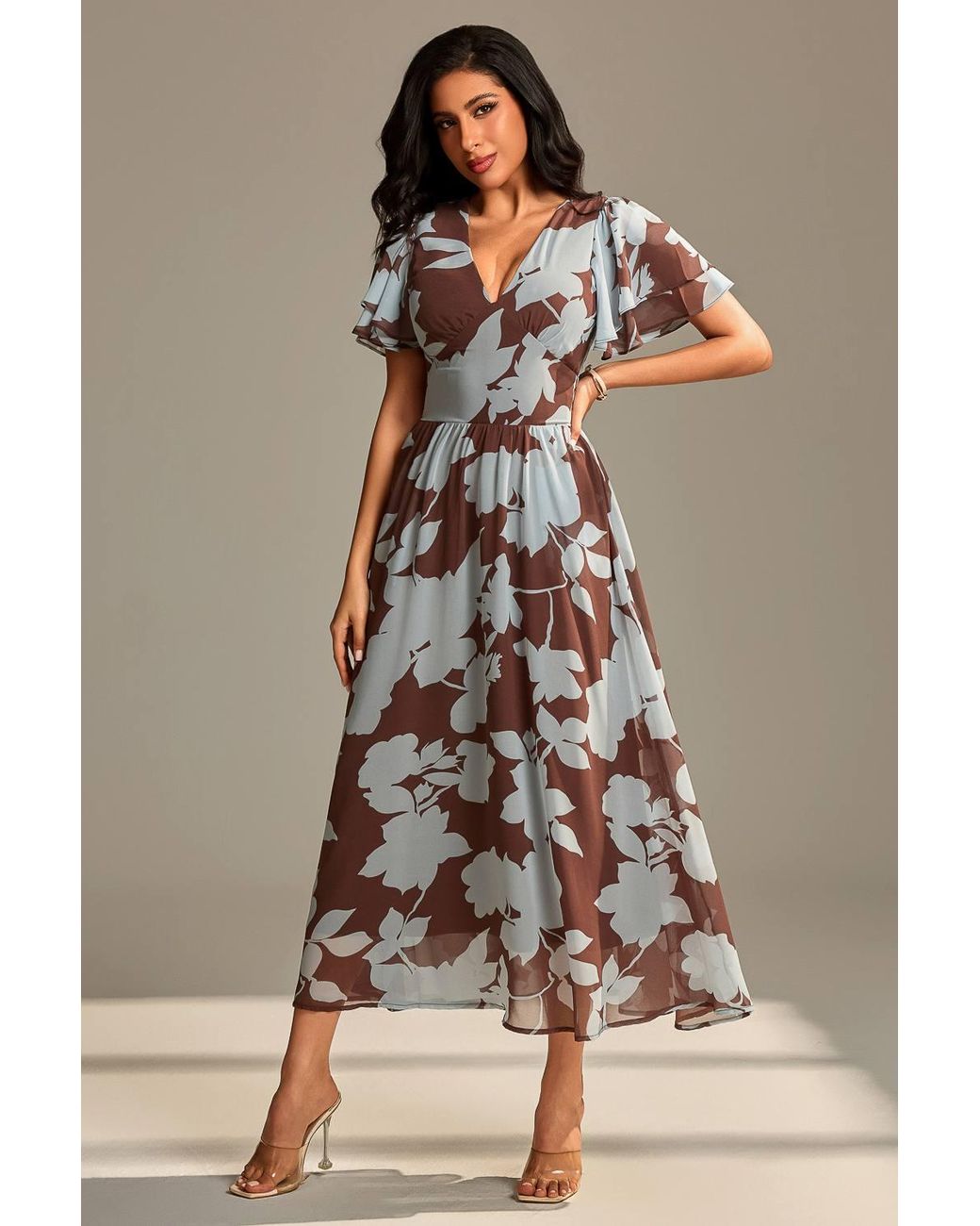 Jolie Moi Brown Layered Angel Sleeved Chiffon Maxi Dress