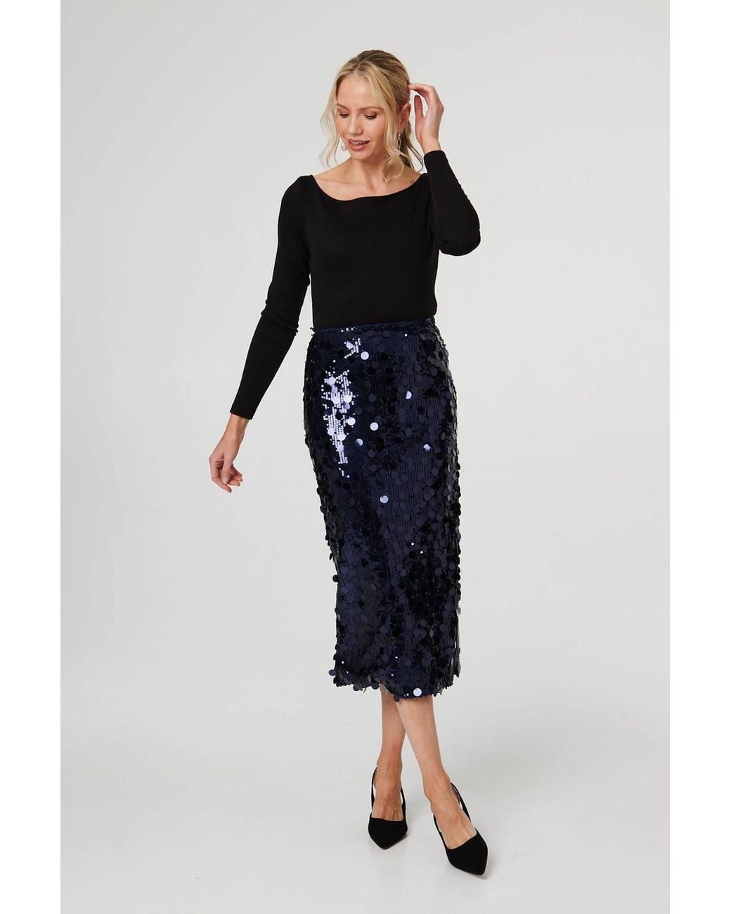 Izabel London Black Sequin Embellished Straight Midi Skirt