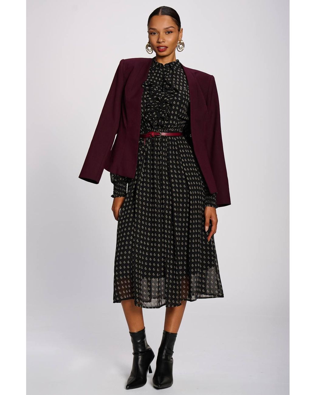 Jolie Moi Black Chiffon Print Ruffled Shirt Dress