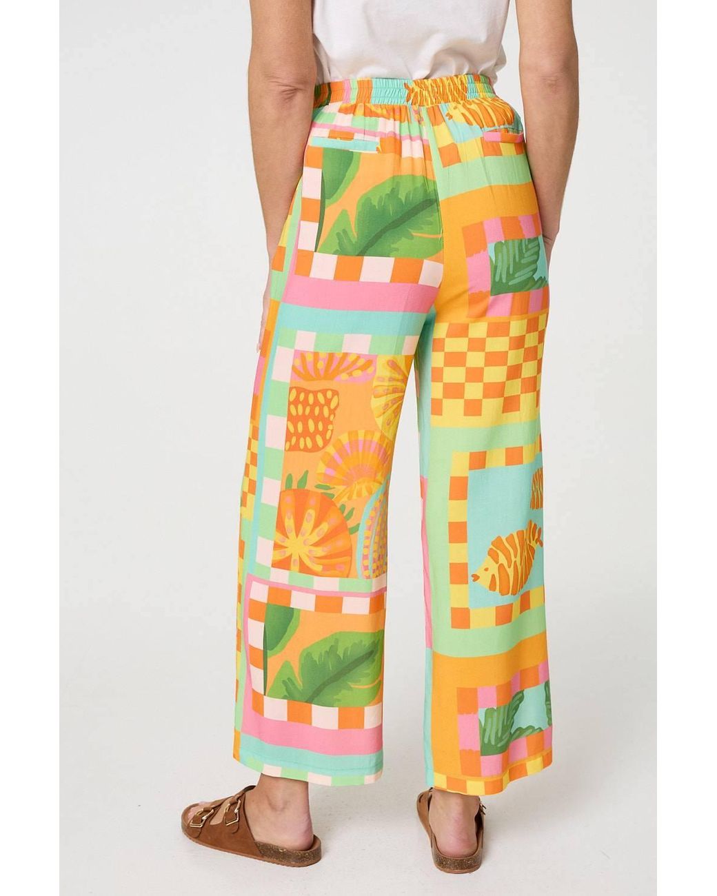 Izabel London Orange Tropical Tile Print Wide Leg Trousers