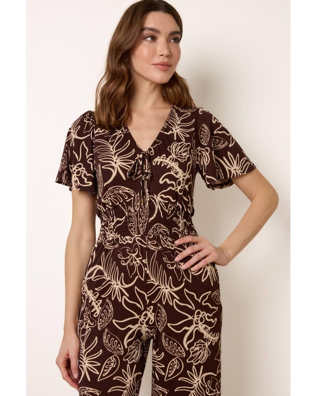 Blue Vanilla Natural Tropical Print Shirred Waist Elasticated V-Neck Jumpsuit