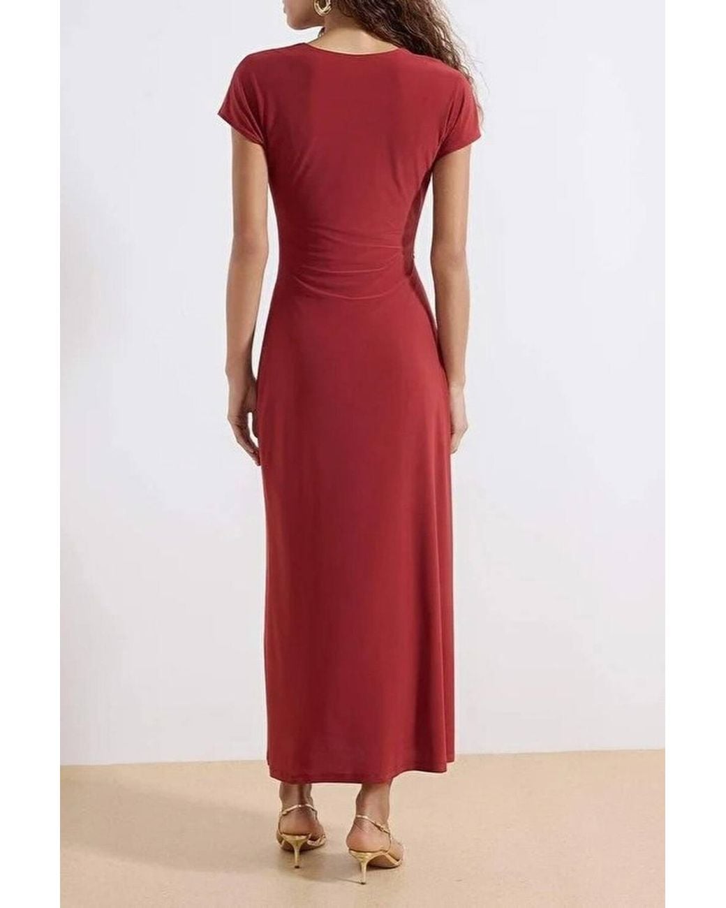 WOVCOR Red Cowl Neck Ruched Hardware Detail Stretch Knit Maxi Dress