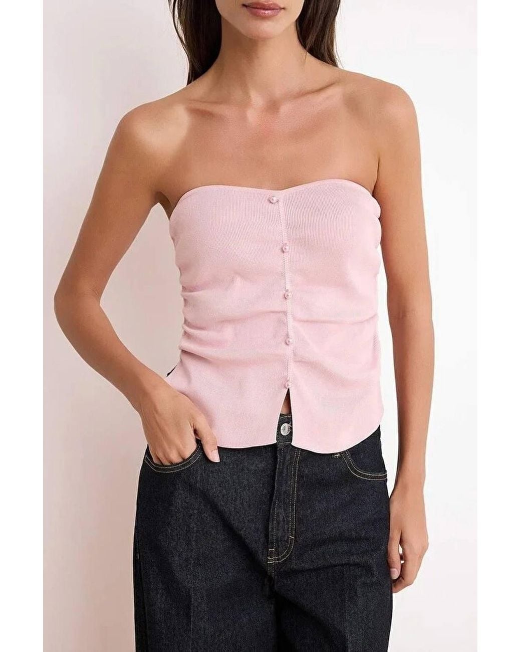 WOVCOR Pink Pearl Embellished Strapless Fitted Knit Blouse