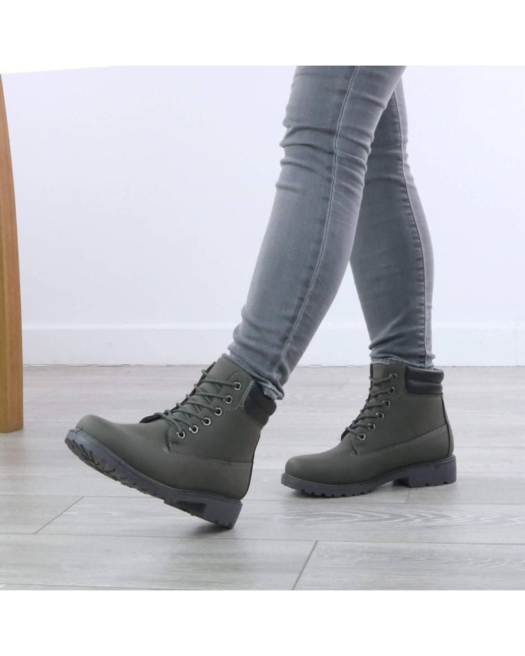 AJVANI Gray Low Heel Lace Up Grip Sole Worker Ankle Boots