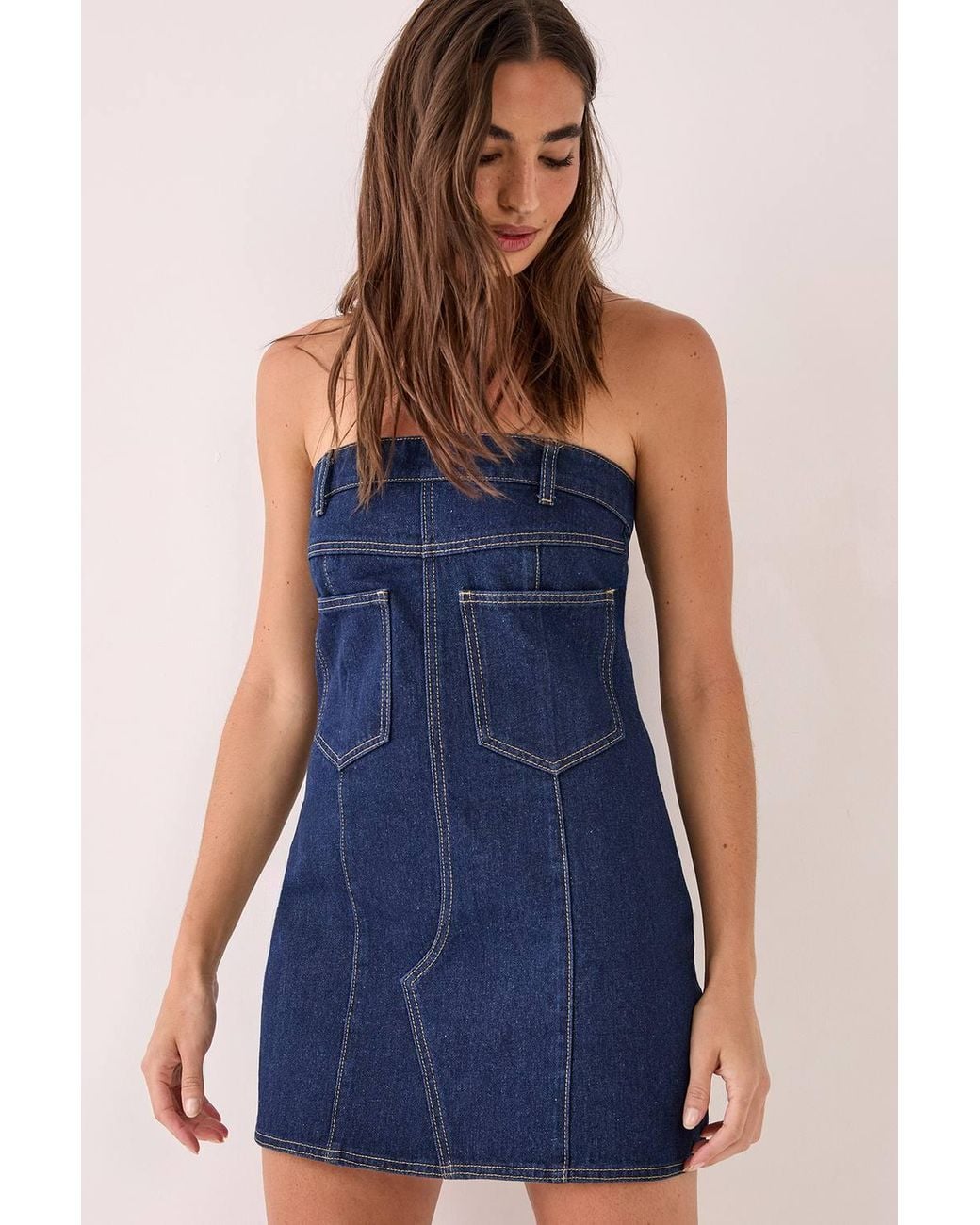 Nasty Gal Blue Bandeau Denim Pocket Mini Dress