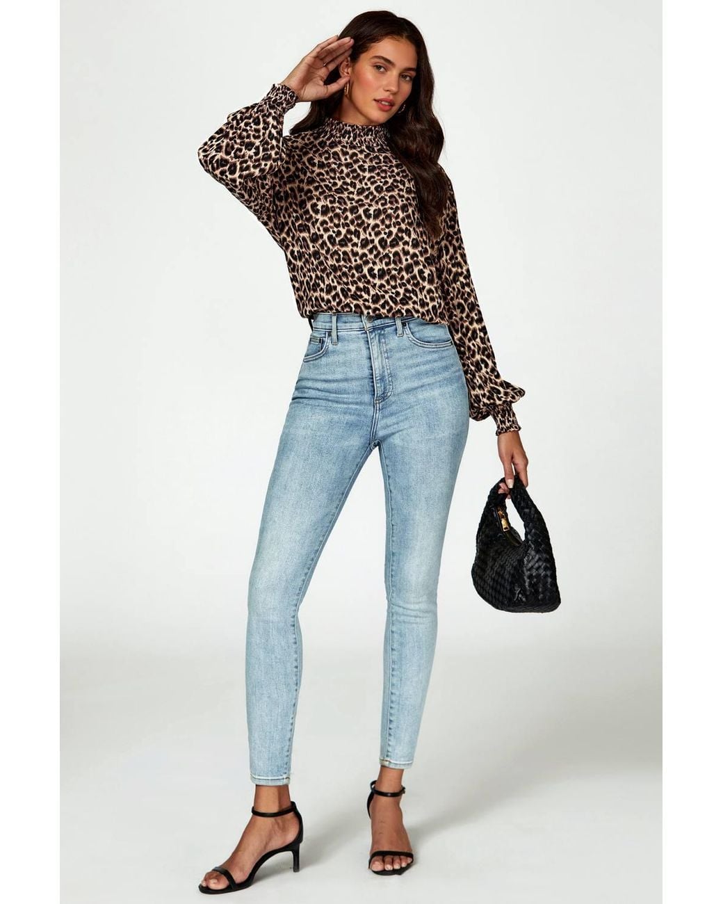 FS Collection Brown Leopard Print Long Sleeve High Neck Blouse