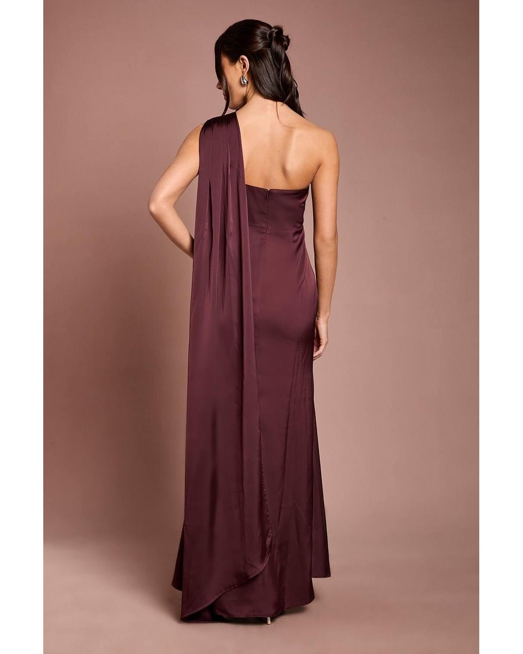 Coast Brown Honoured Petite Drape One Shoulder Satin Maxi Bridesmaid Dress
