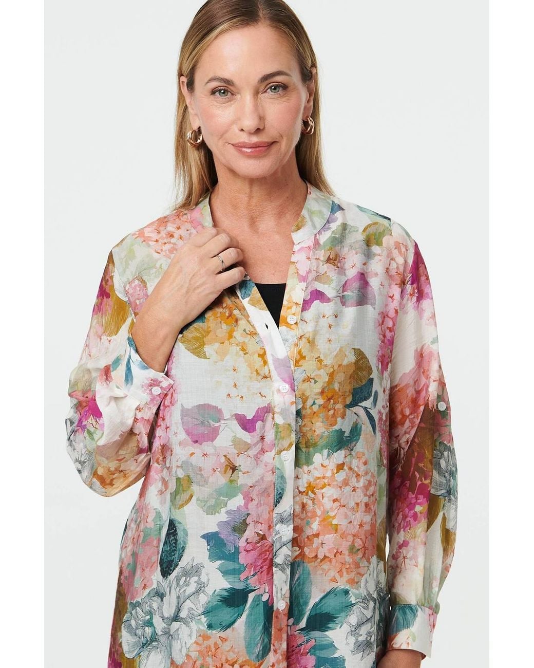 Izabel London Red Floral Long Sleeve Longline V-Neck Shirt