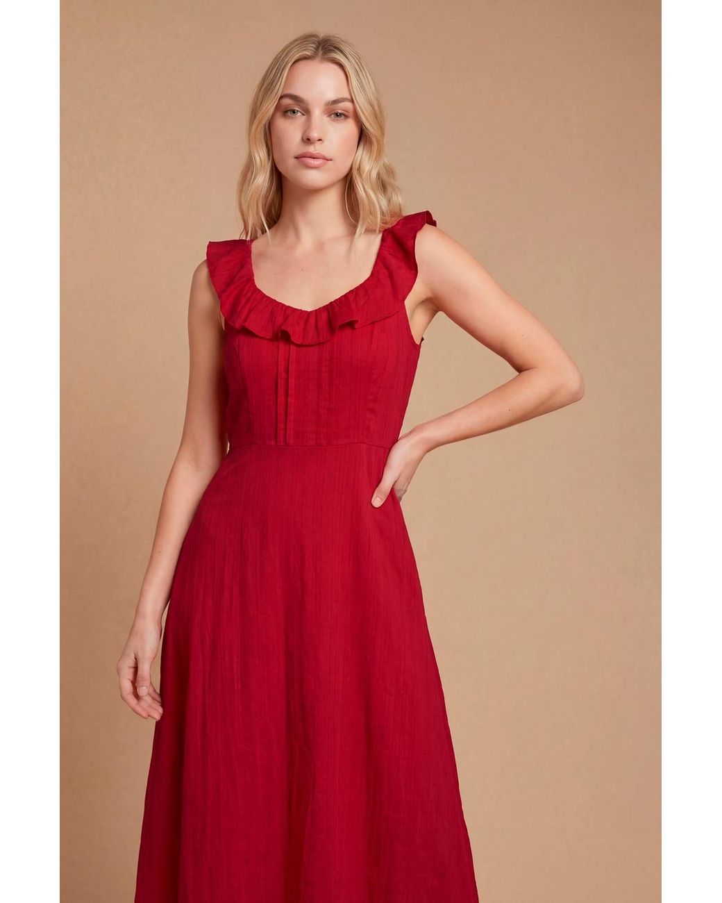 Dorothy Perkins Red Pin Tuck Ruffle Sleeveless Midi Dress