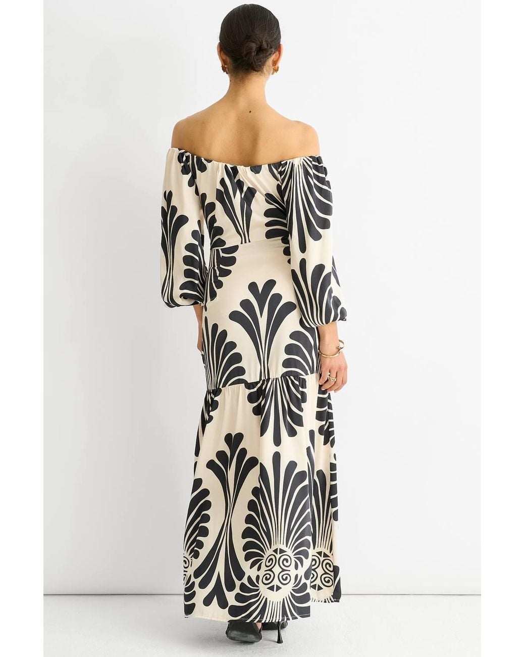 Gini London White Bardot Mono Print Maxi Dress