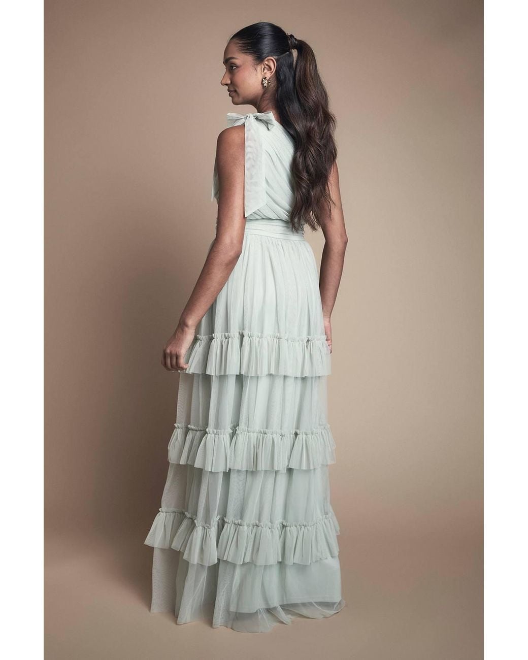 Oasis Green Pleated Mesh One Shoulder Tiered Maxi Bridesmaid Maxi Dress