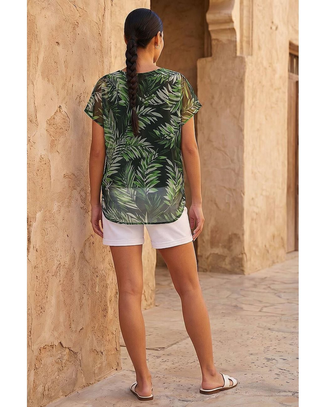 Roman Green Palm Print Mesh Overlay Top