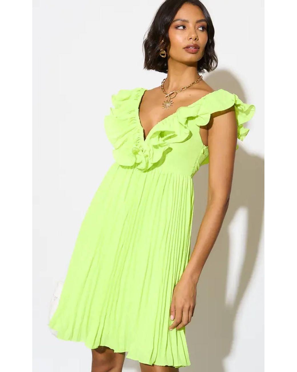 Liquorish Yellow Pleated Frill Detail V Neck Midi Dress