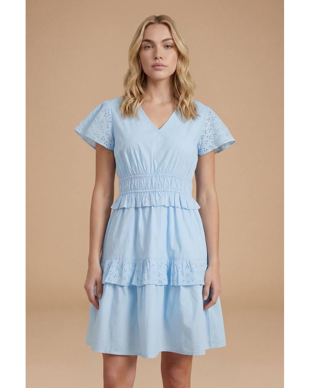 Dorothy Perkins Blue Frill Broderie Sleeve Tiered Hem Mini Dress