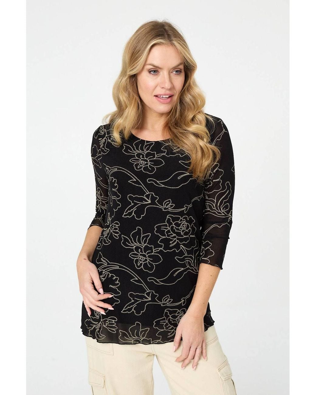 Izabel London Black Floral Print Semi Sheer Layered Top