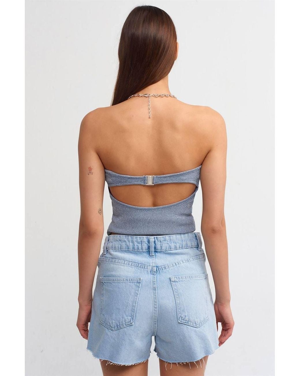 Dilvin Blue High-Waist Cotton Denim Mom Shorts W/ Cut-Out Detail