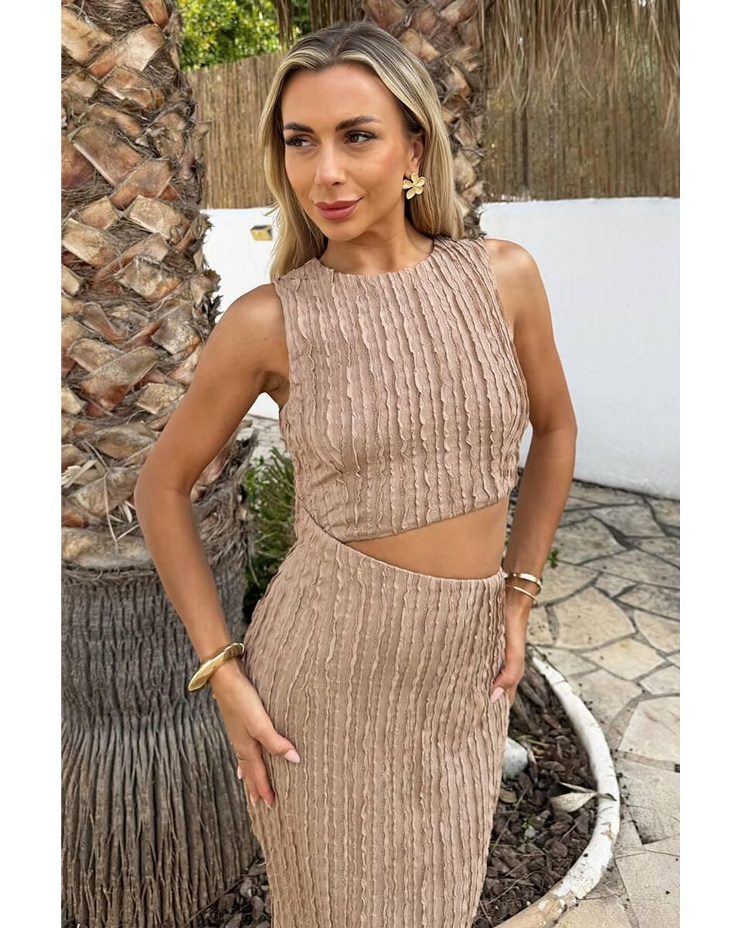 AX Paris Black Mocha Textured Side Waist Cut Out Midi Dress